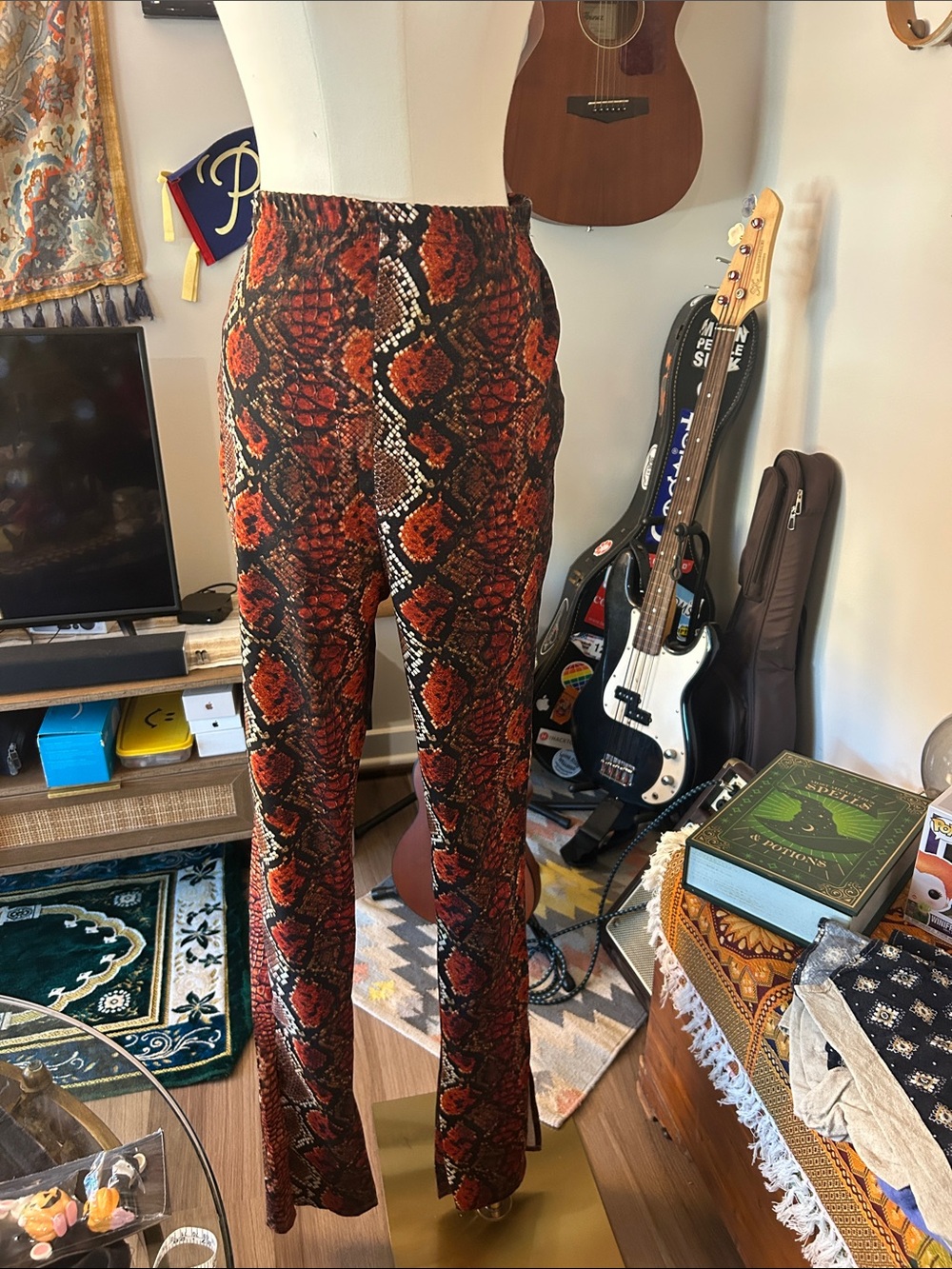 PrettyLittleThing Red Snake-Print High-Waist Flare Trousers